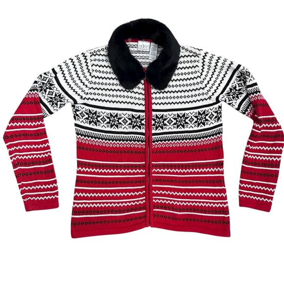 Vtg Villager Sport Petite M Fair Isle Sweater Faux Fur Collar Full Zip Holiday - Picture 10 of 10